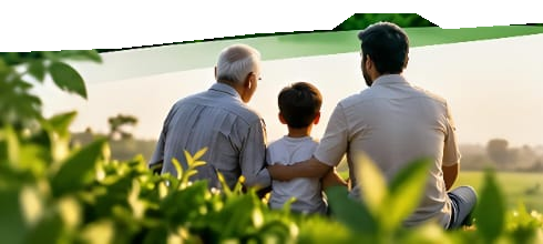 Three generations of a family looking across green land